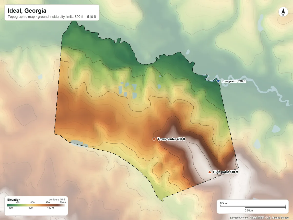 Topographic elevation map of Ideal, Georgia, shaded from 320 ft on the northeast side to 510 ft on the southeast side