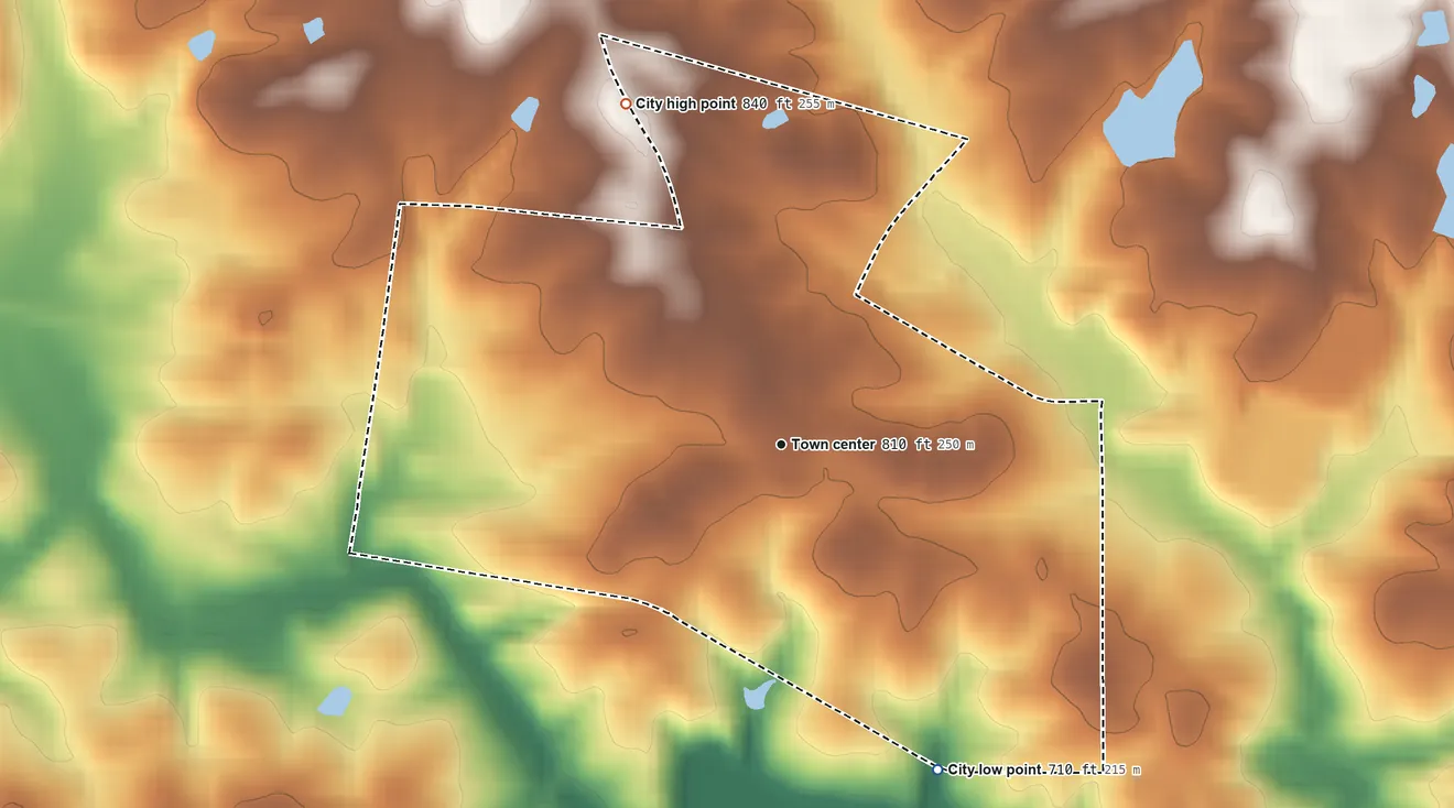 Topographic elevation map of Ila, Georgia, shaded from 710 ft on the southeast side to 840 ft on the northwest side