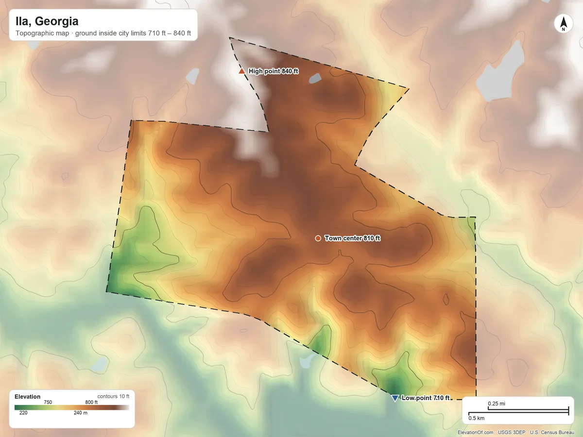Topographic elevation map of Ila, Georgia, shaded from 710 ft on the southeast side to 840 ft on the northwest side