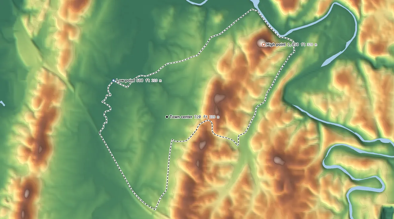 Topographic elevation map of Indian Springs, Georgia, shaded from 680 ft on the northwest side to 1,050 ft on the northeast side
