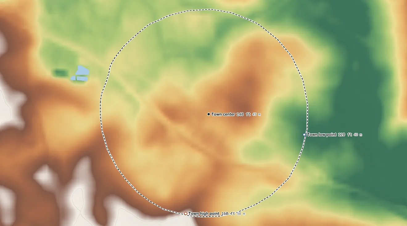 Topographic elevation map of Iron City, Georgia, shaded from 120 ft on the east side to 160 ft on the south side