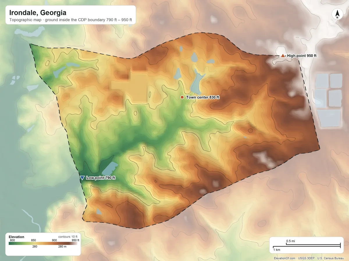 Topographic elevation map of Irondale, Georgia, shaded from 790 ft on the southwest side to 950 ft on the east side