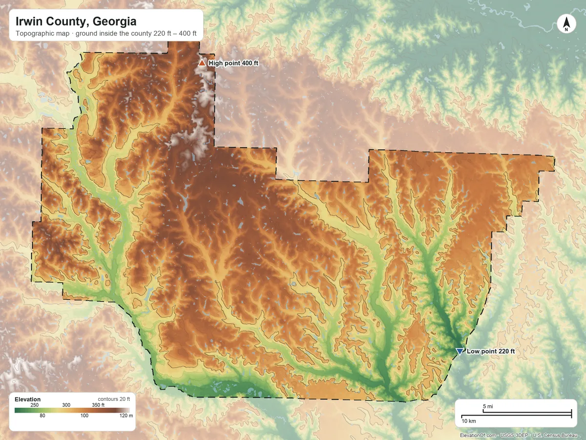 Topographic elevation map of Irwin County, Georgia, shaded from 220 ft on the southeast side to 400 ft on the northwest side