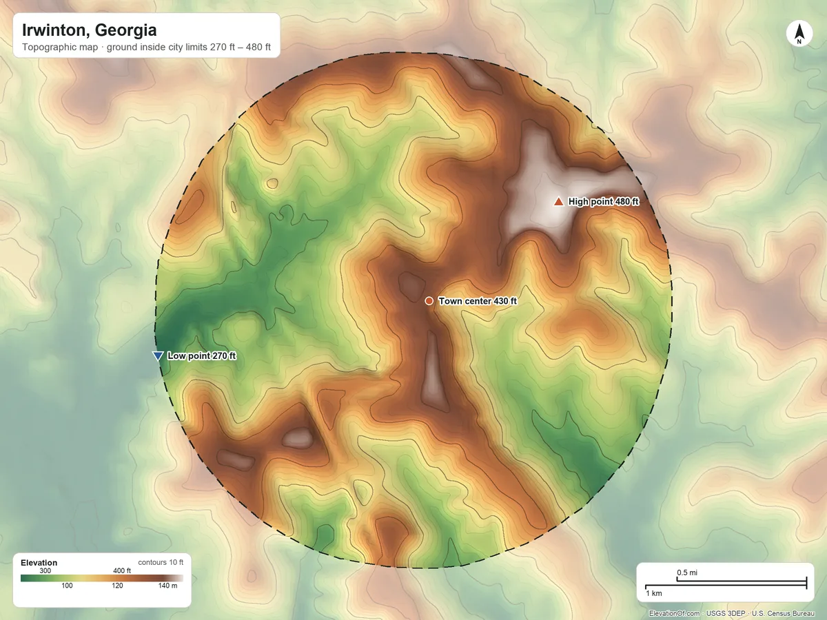 Topographic elevation map of Irwinton, Georgia, shaded from 270 ft on the west side to 480 ft on the northeast side