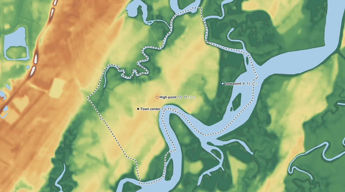 Topographic elevation map of Isle of Hope, Georgia, shaded from 0 ft on the east side to 15 ft near the middle