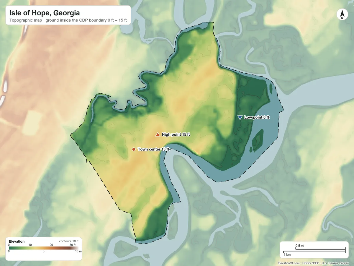 Topographic elevation map of Isle of Hope, Georgia, shaded from 0 ft on the east side to 15 ft near the middle