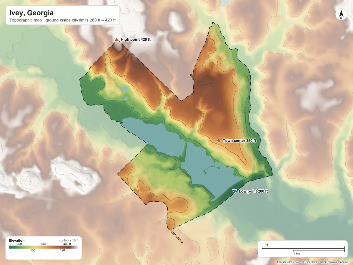 Topographic elevation map of Ivey, Georgia, shaded from 280 ft on the south side to 420 ft on the northwest side
