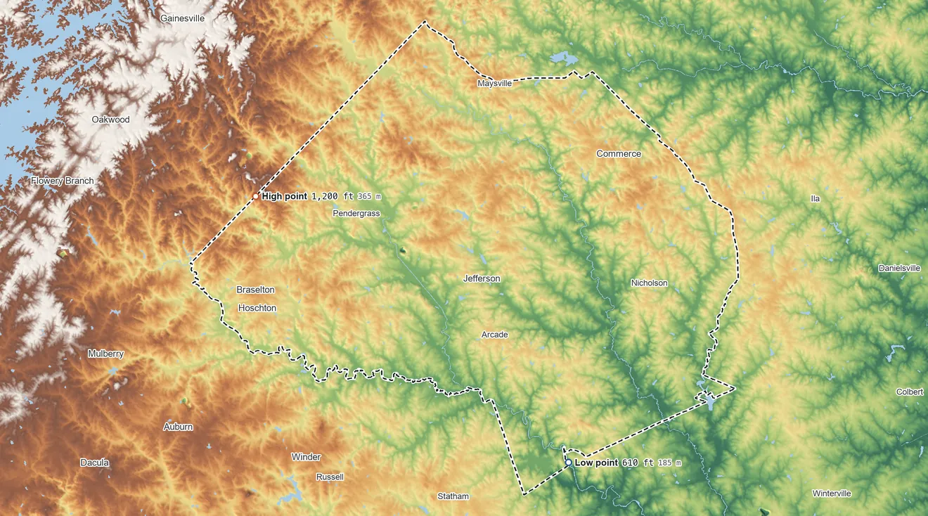 Topographic elevation map of Jackson County, Georgia, shaded from 610 ft on the southeast side to 1,200 ft on Price Mountain