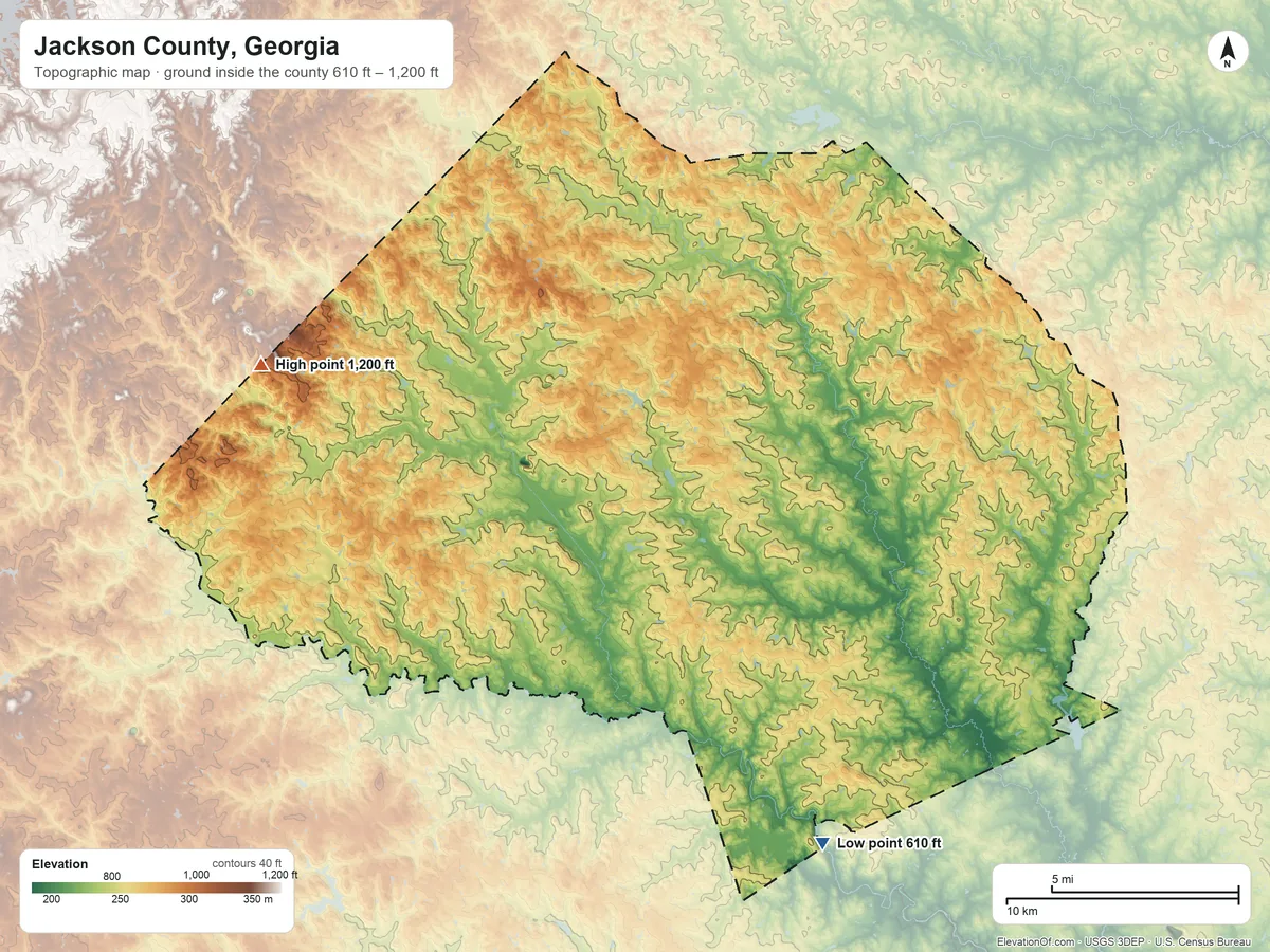 Topographic elevation map of Jackson County, Georgia, shaded from 610 ft on the southeast side to 1,200 ft on Price Mountain