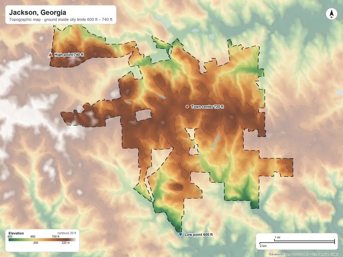 Topographic elevation map of Jackson, Georgia, shaded from 600 ft on the south side to 740 ft on the west side
