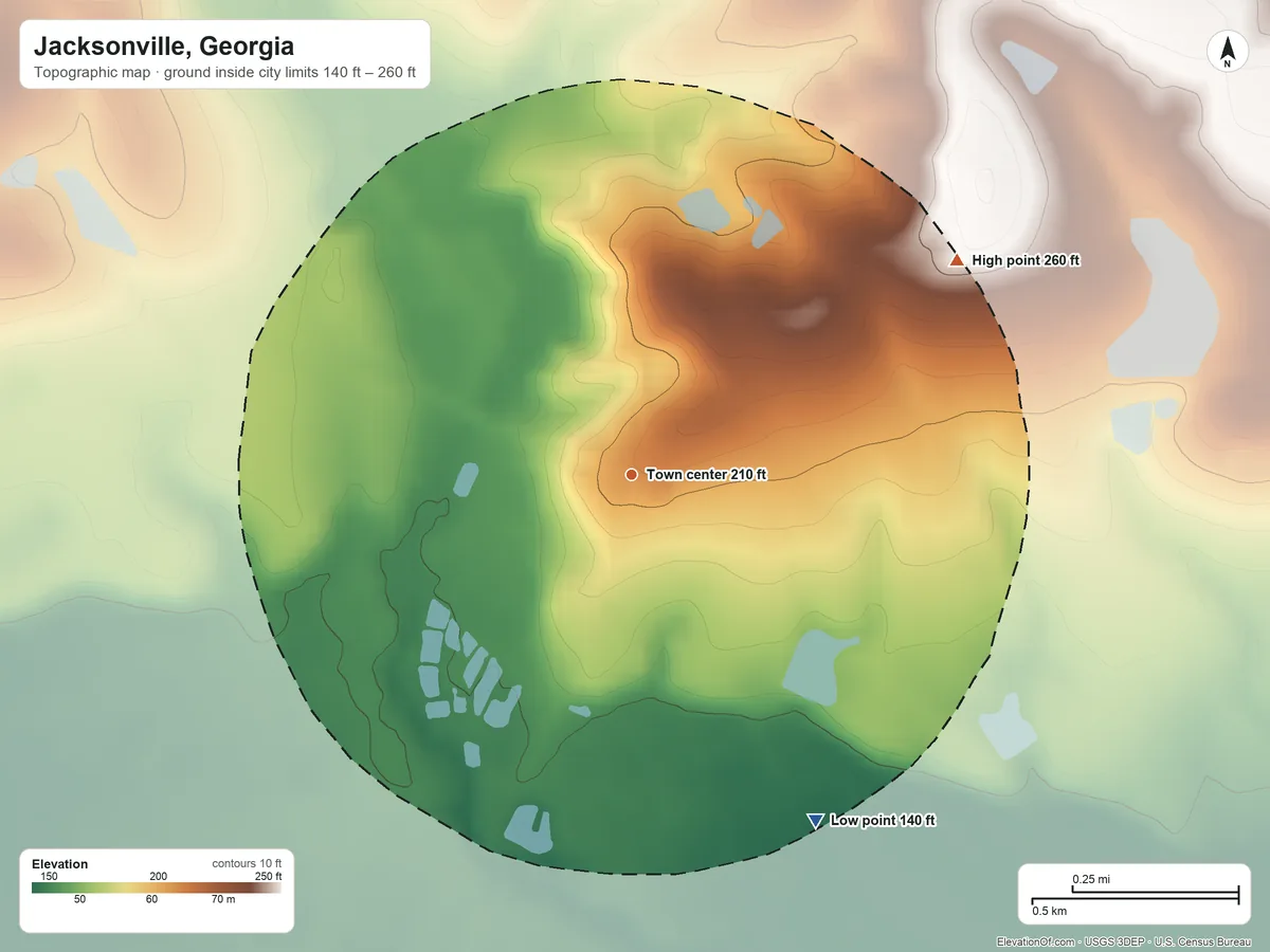 Topographic elevation map of Jacksonville, Georgia, shaded from 140 ft on the southeast side to 260 ft on the northeast side