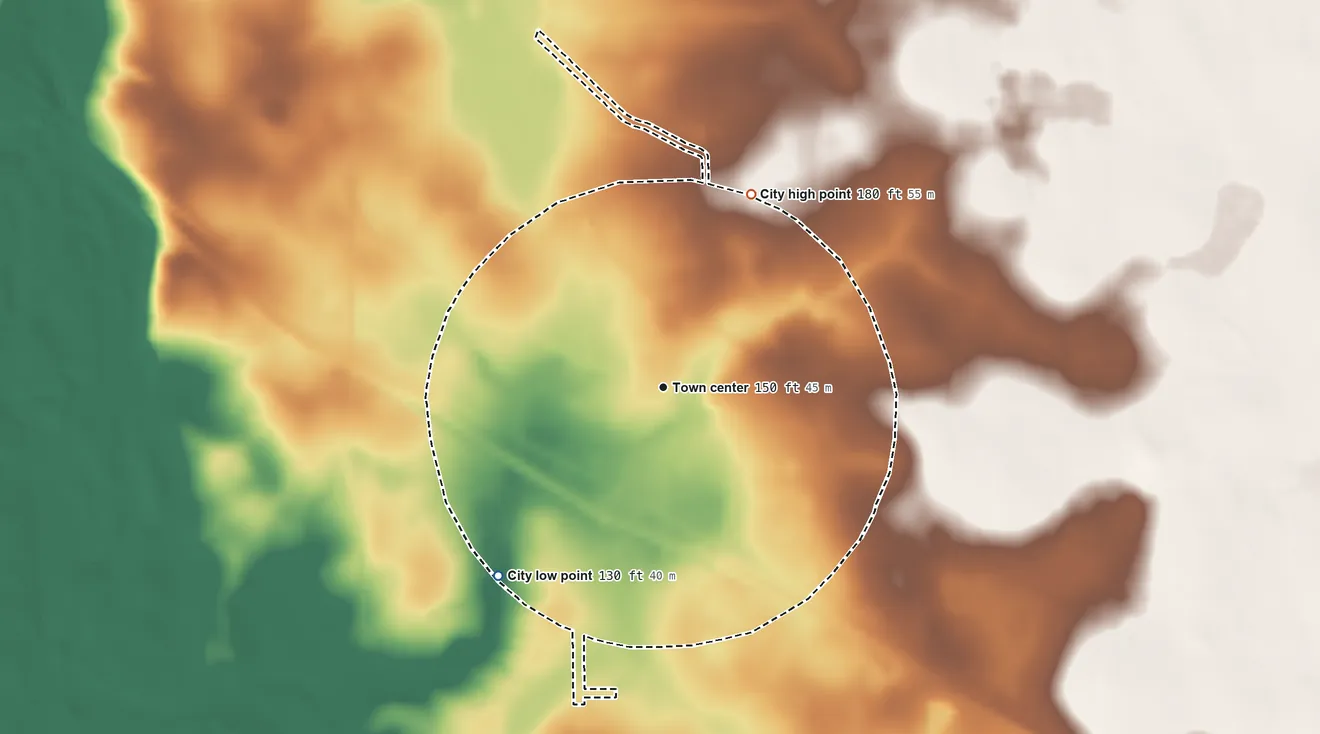 Topographic elevation map of Jakin, Georgia, shaded from 130 ft on the southwest side to 180 ft on the northeast side