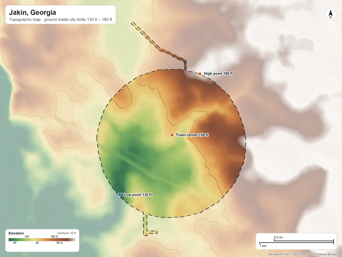 Topographic elevation map of Jakin, Georgia, shaded from 130 ft on the southwest side to 180 ft on the northeast side