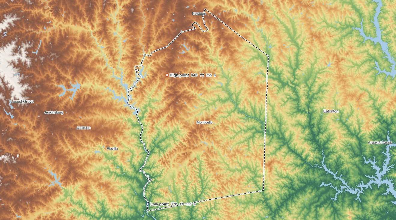 Topographic elevation map of Jasper County, Georgia, shaded from 370 ft on the southwest side to 840 ft on the northwest side