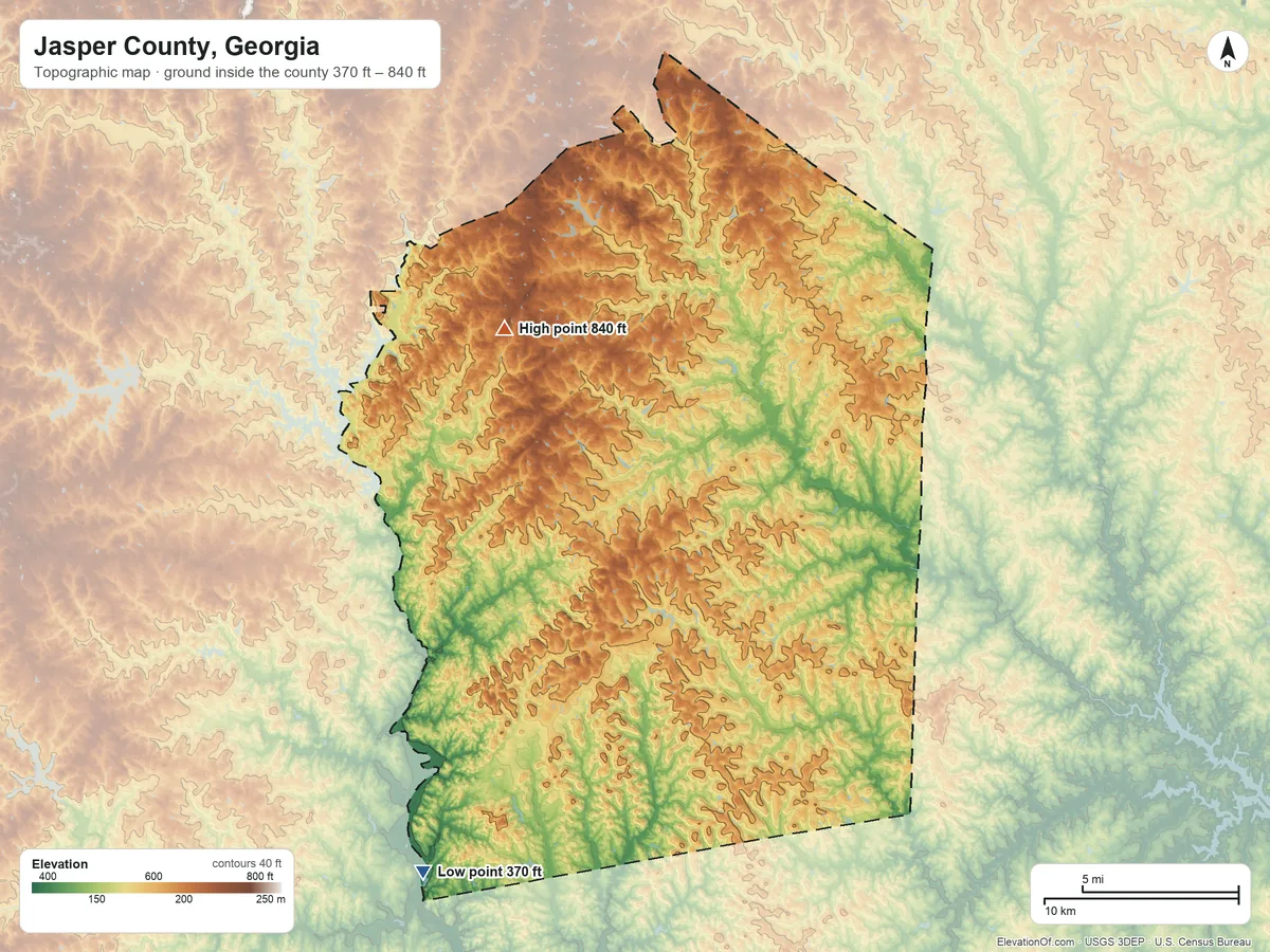 Topographic elevation map of Jasper County, Georgia, shaded from 370 ft on the southwest side to 840 ft on the northwest side