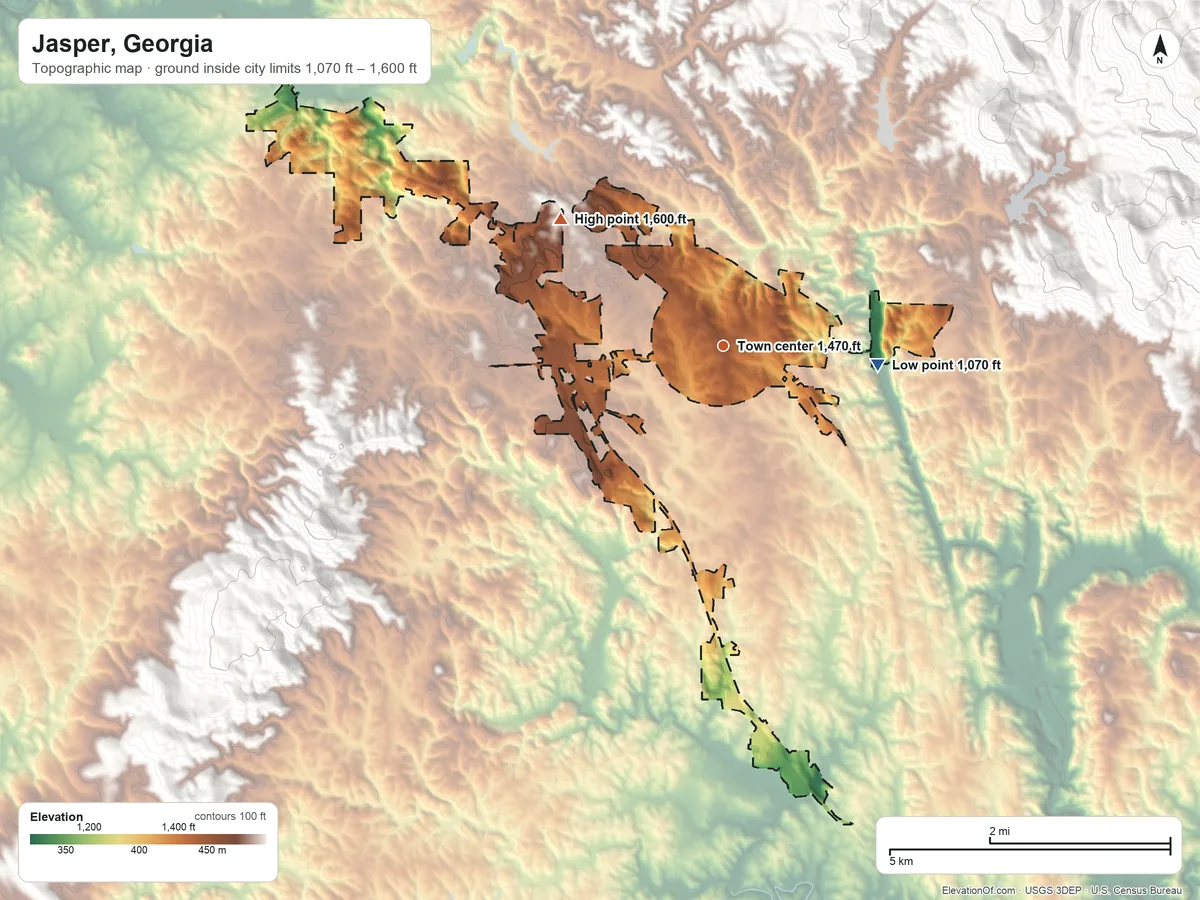 Topographic elevation map of Jasper, Georgia, shaded from 1,070 ft on the east side to 1,600 ft on the northwest side