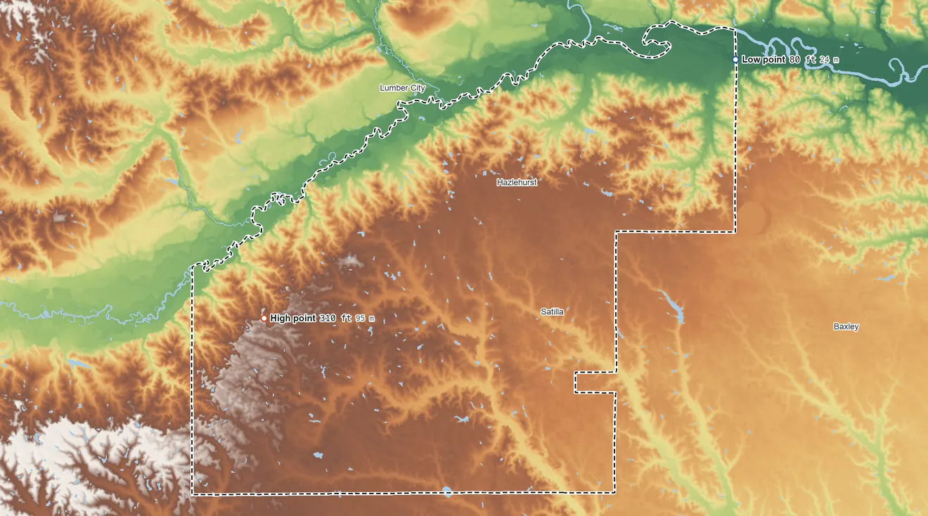 Topographic elevation map of Jeff Davis County, Georgia, shaded from 80 ft on the northeast side to 310 ft on the west side