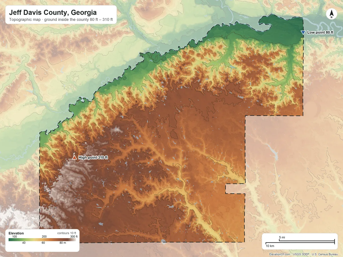 Topographic elevation map of Jeff Davis County, Georgia, shaded from 80 ft on the northeast side to 310 ft on the west side