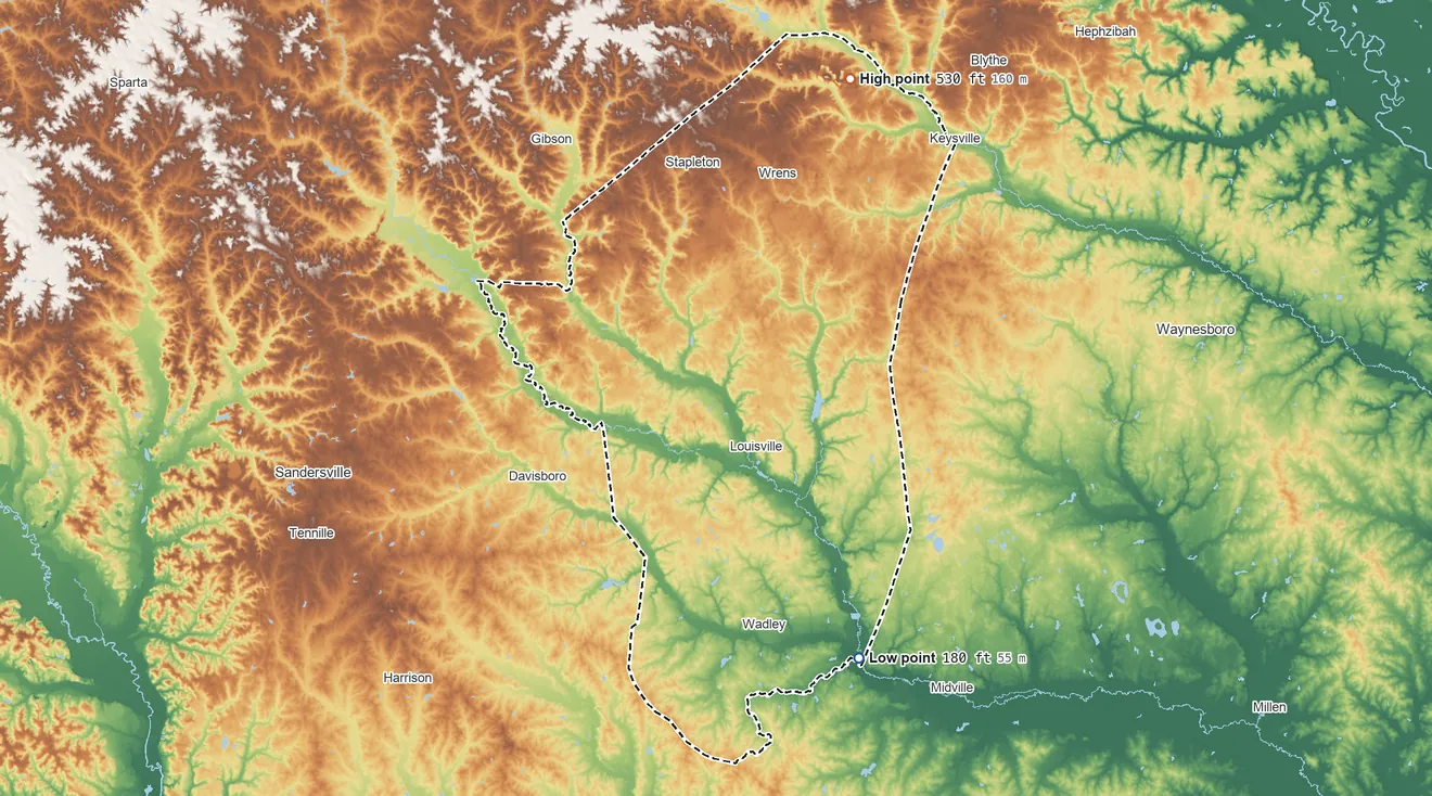 Topographic elevation map of Jefferson County, Georgia, shaded from 180 ft on the southeast side to 530 ft on the northeast side