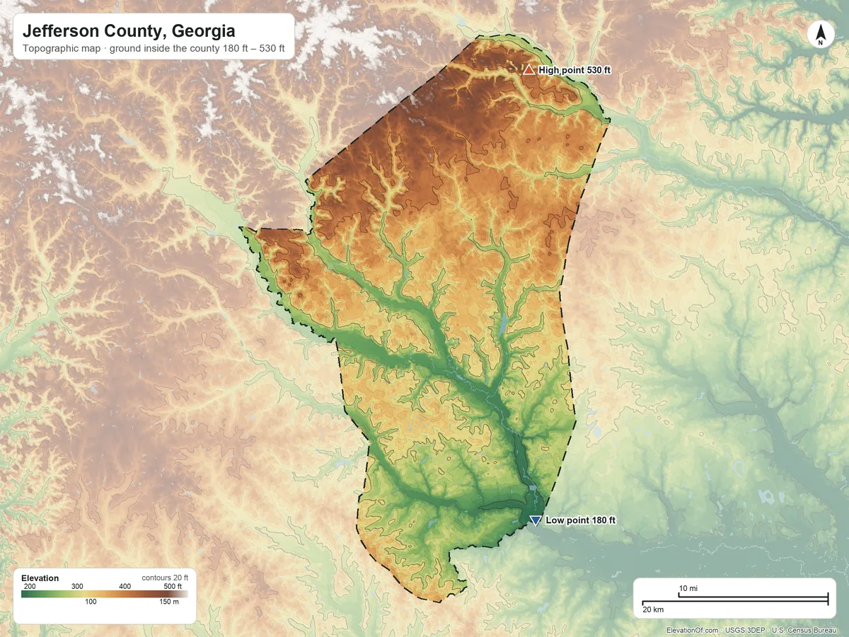 Topographic elevation map of Jefferson County, Georgia, shaded from 180 ft on the southeast side to 530 ft on the northeast side