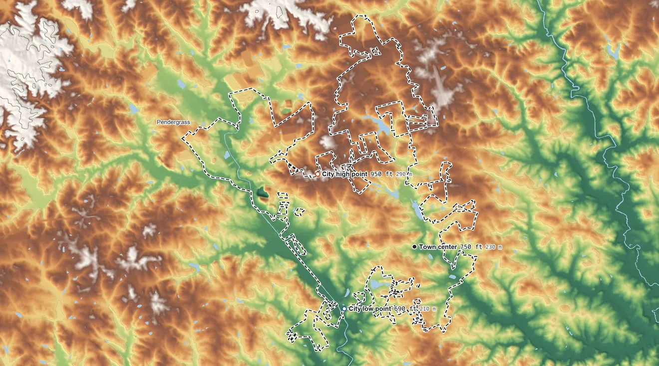 Topographic elevation map of Jefferson, Georgia, shaded from 690 ft on the southwest side to 950 ft on the northwest side
