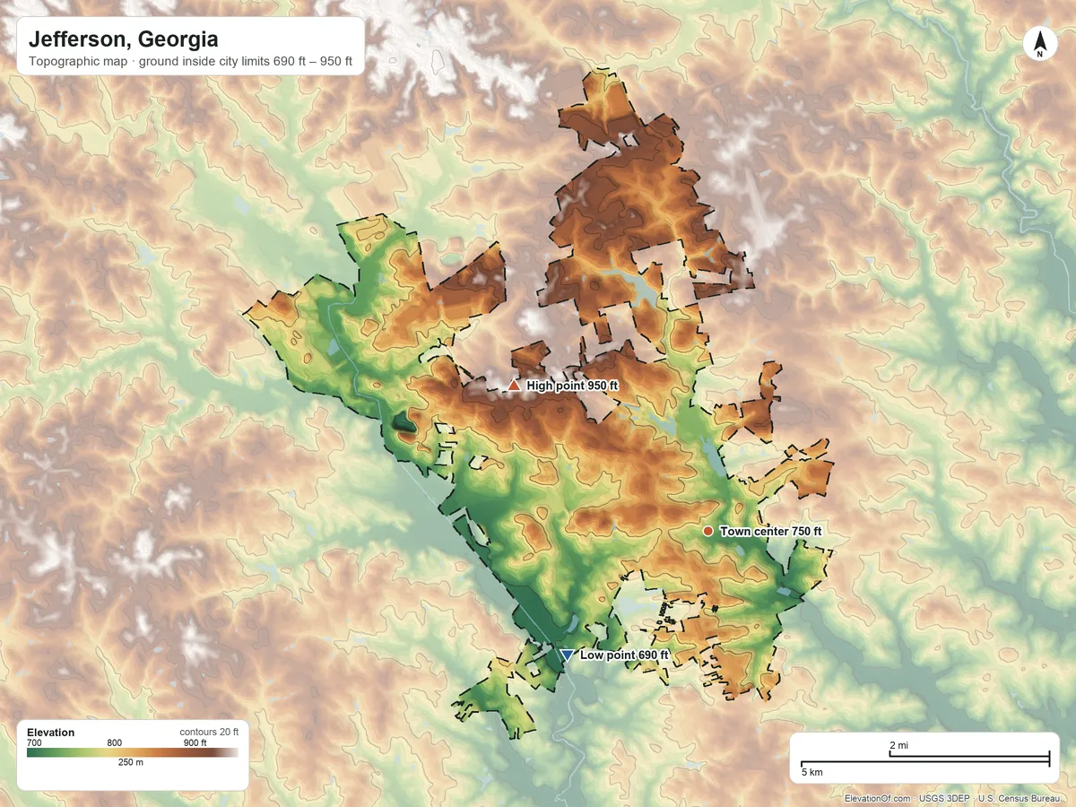 Topographic elevation map of Jefferson, Georgia, shaded from 690 ft on the southwest side to 950 ft on the northwest side
