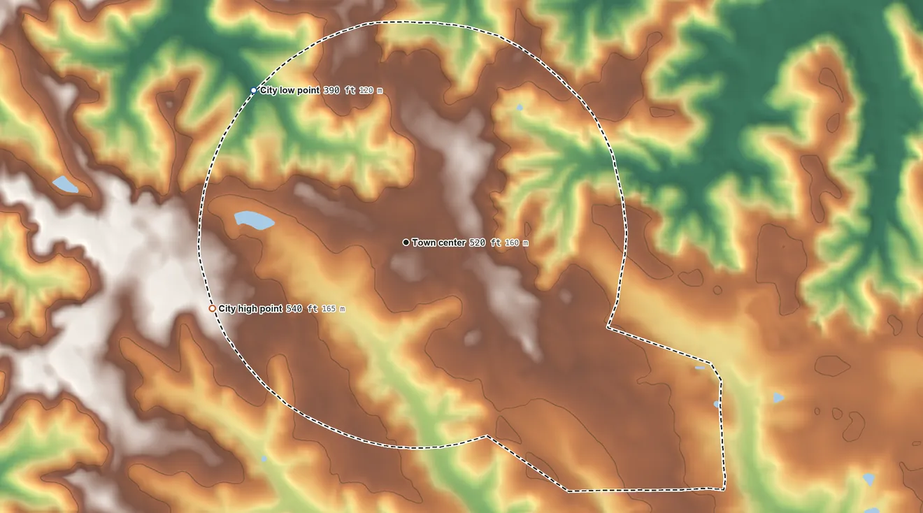 Topographic elevation map of Jeffersonville, Georgia, shaded from 390 ft on the northwest side to 540 ft on the west side