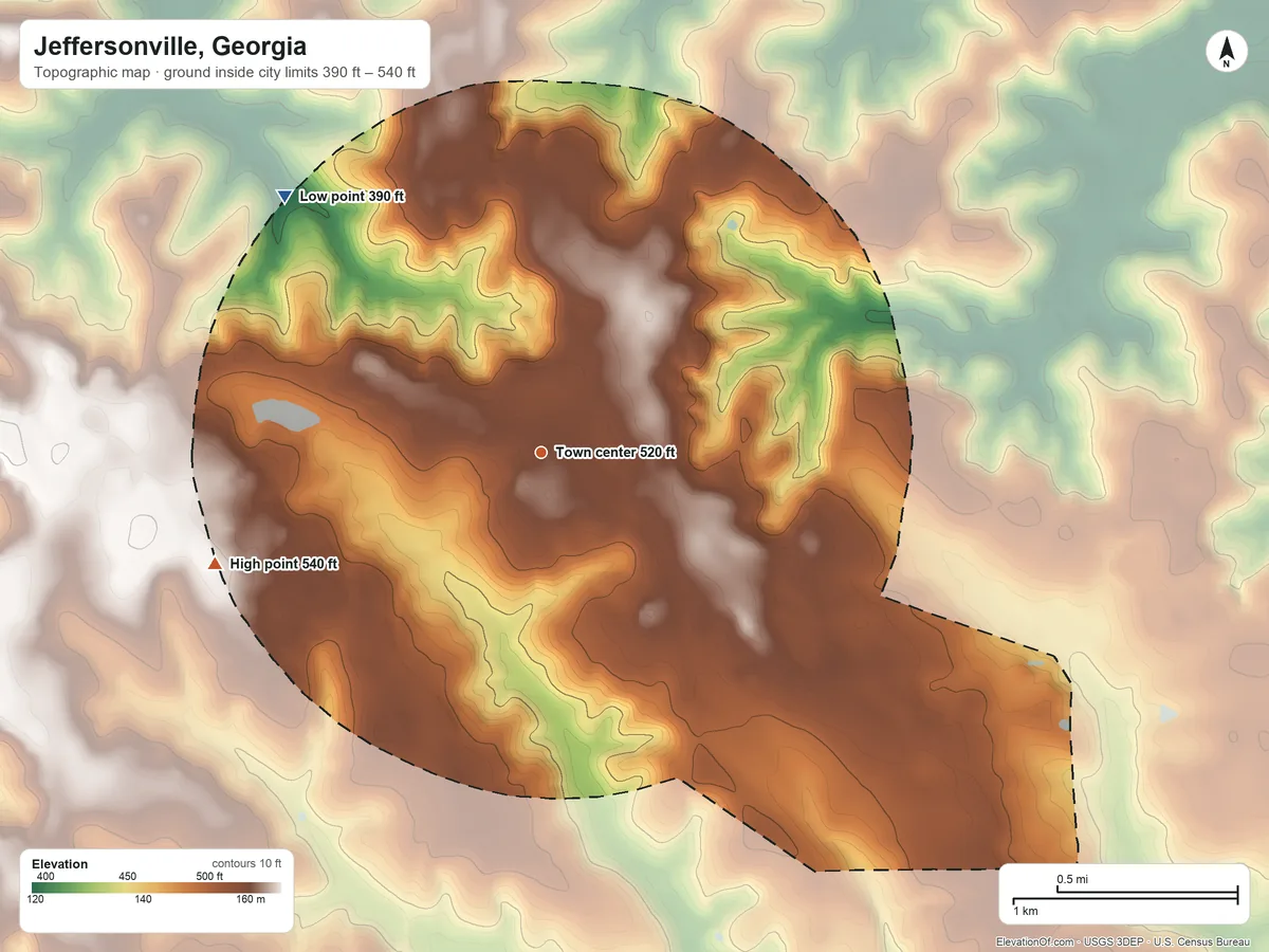 Topographic elevation map of Jeffersonville, Georgia, shaded from 390 ft on the northwest side to 540 ft on the west side