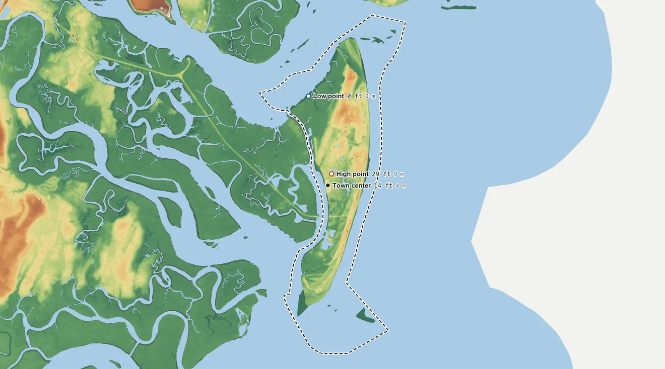 Topographic elevation map of Jekyll Island, Georgia, shaded from 0 ft on the north side to 29 ft near the middle