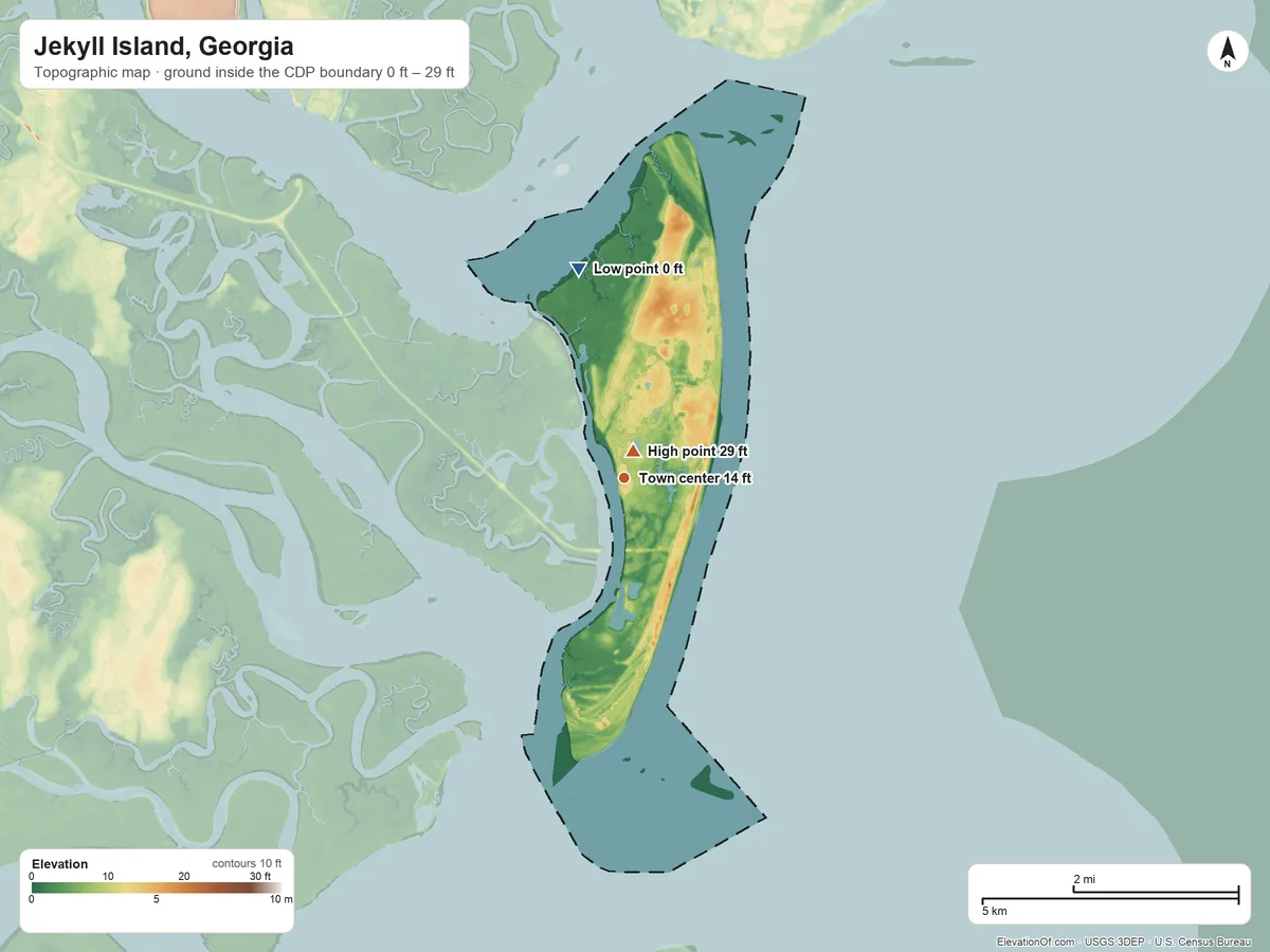 Topographic elevation map of Jekyll Island, Georgia, shaded from 0 ft on the north side to 29 ft near the middle