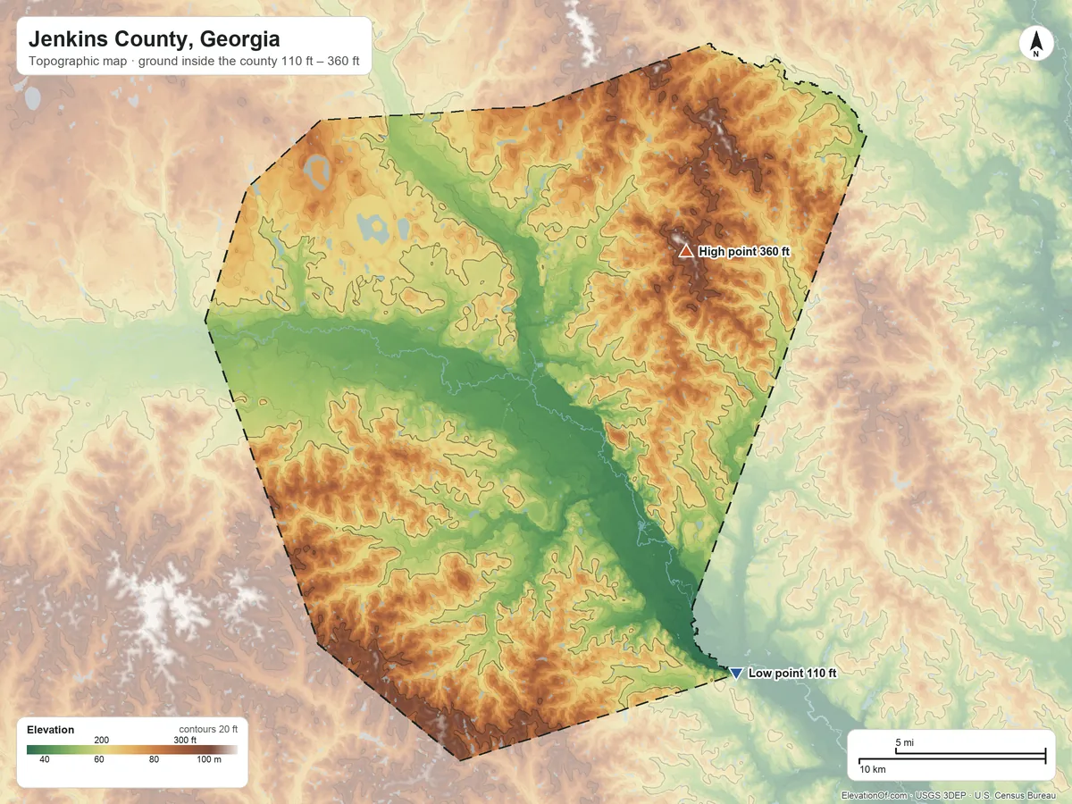 Topographic elevation map of Jenkins County, Georgia, shaded from 110 ft on the southeast side to 360 ft on the northeast side