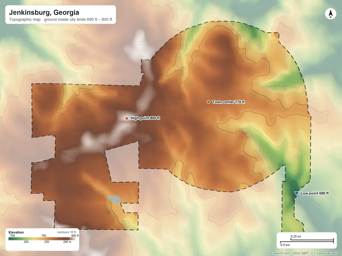 Topographic elevation map of Jenkinsburg, Georgia, shaded from 690 ft on the southeast side to 800 ft on the west side