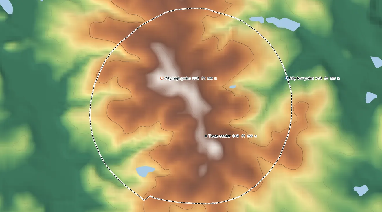 Topographic elevation map of Jersey, Georgia, shaded from 740 ft on the northeast side to 850 ft on the northwest side
