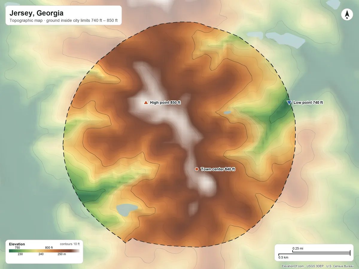 Topographic elevation map of Jersey, Georgia, shaded from 740 ft on the northeast side to 850 ft on the northwest side