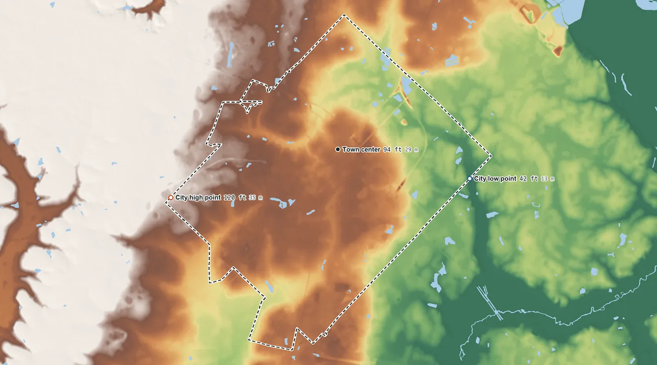 Topographic elevation map of Jesup, Georgia, shaded from 42 ft on the east side to 120 ft on the west side