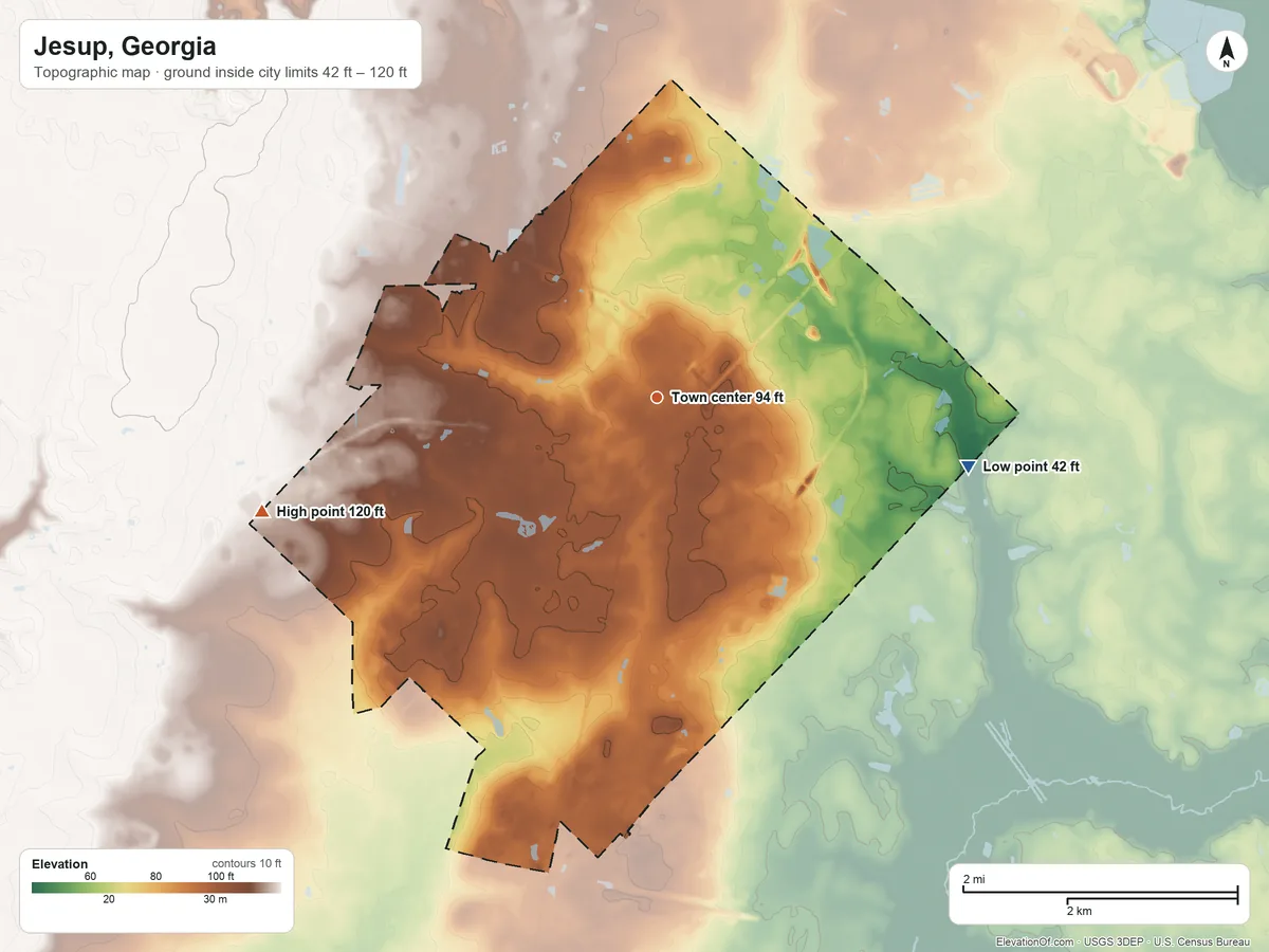Topographic elevation map of Jesup, Georgia, shaded from 42 ft on the east side to 120 ft on the west side