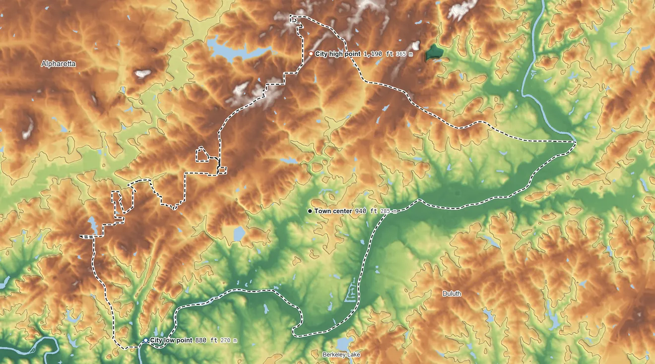 Topographic elevation map of Johns Creek, Georgia, shaded from 880 ft on the southwest side to 1,190 ft on the north side