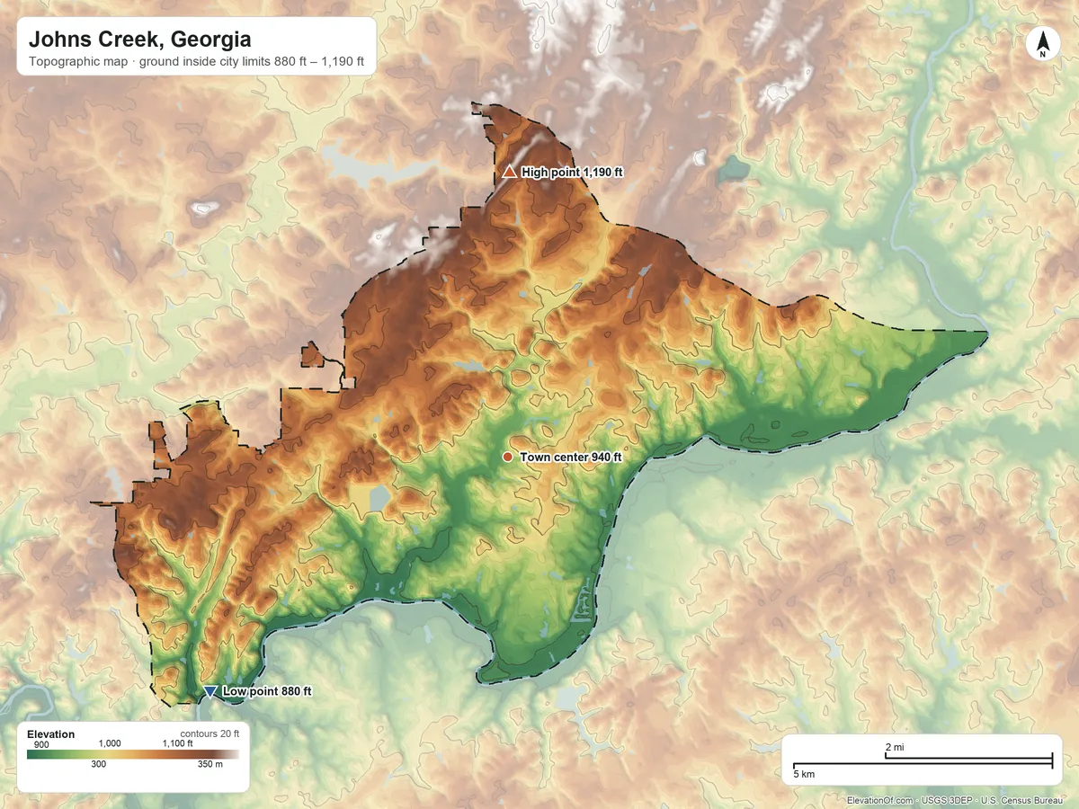 Topographic elevation map of Johns Creek, Georgia, shaded from 880 ft on the southwest side to 1,190 ft on the north side