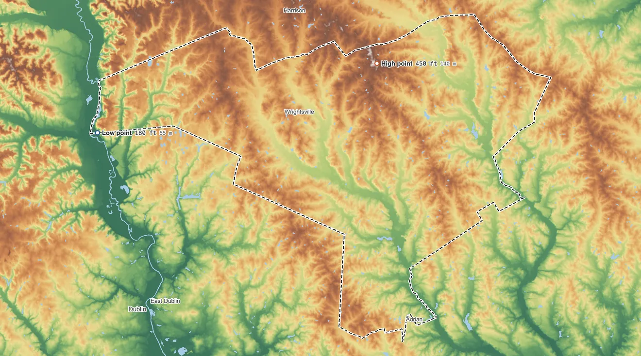 Topographic elevation map of Johnson County, Georgia, shaded from 180 ft on the west side to 450 ft on the northeast side