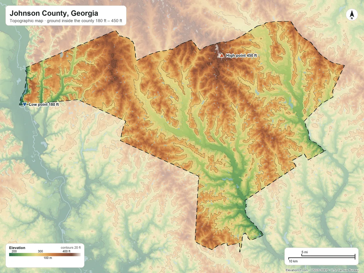 Topographic elevation map of Johnson County, Georgia, shaded from 180 ft on the west side to 450 ft on the northeast side