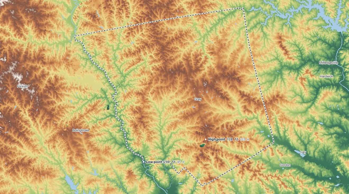 Topographic elevation map of Jones County, Georgia, shaded from 280 ft on the southwest side to 710 ft on the southeast side