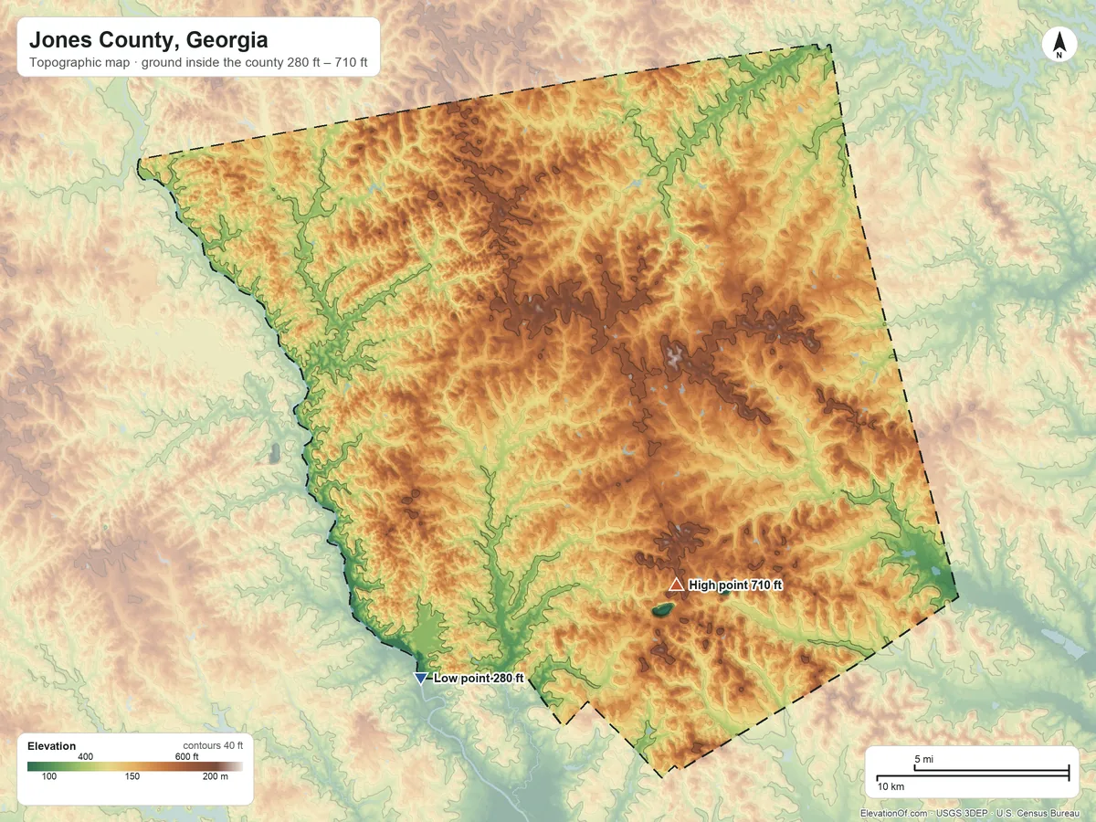 Topographic elevation map of Jones County, Georgia, shaded from 280 ft on the southwest side to 710 ft on the southeast side