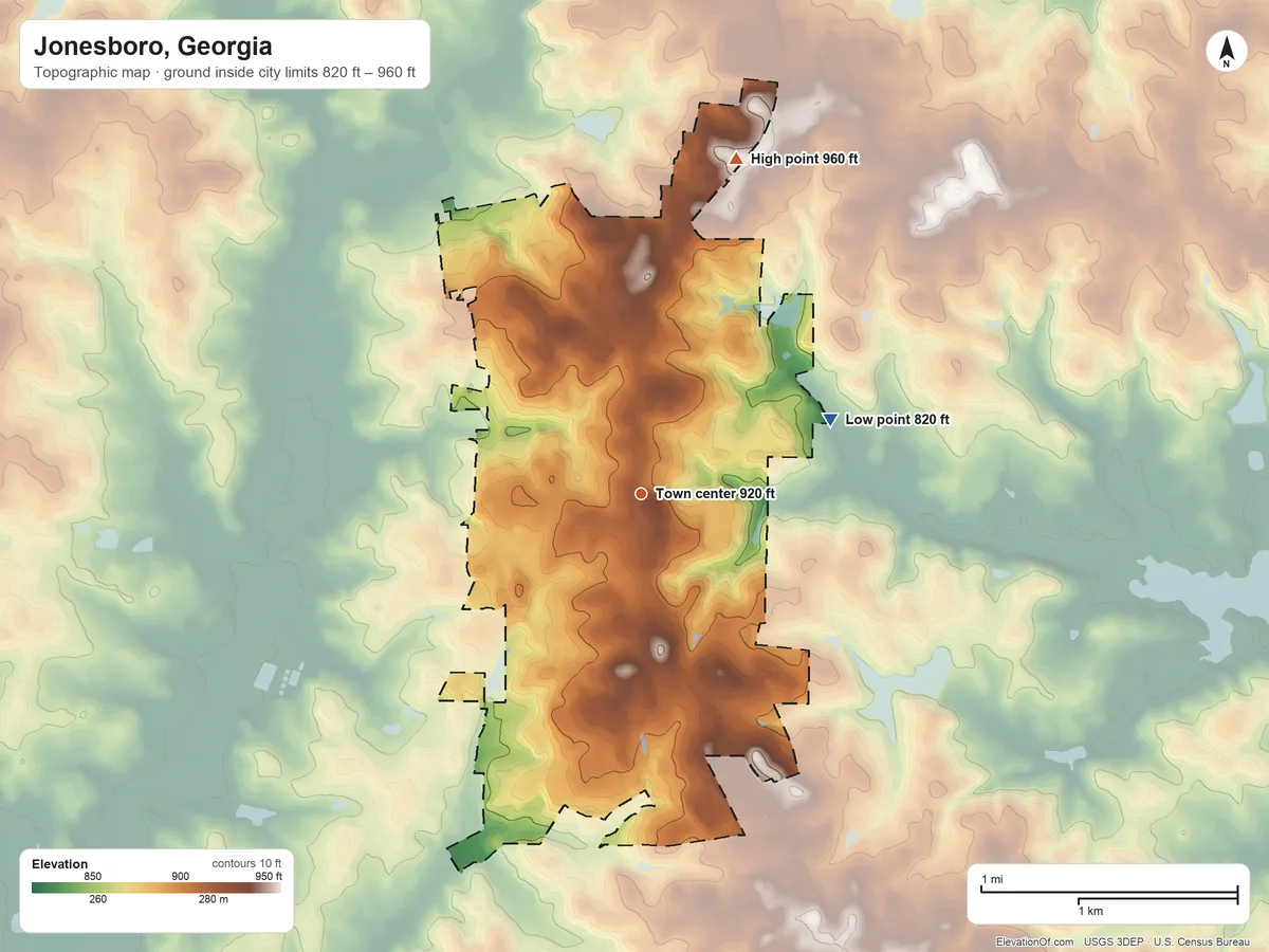 Topographic elevation map of Jonesboro, Georgia, shaded from 820 ft on the east side to 960 ft on the north side