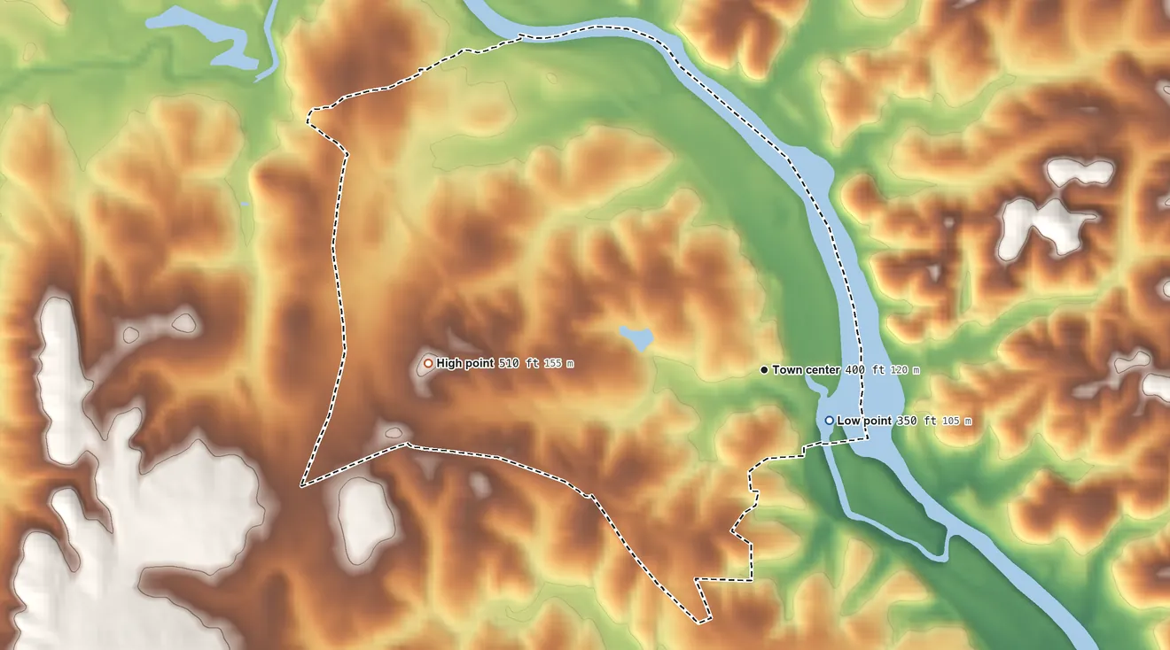 Topographic elevation map of Juliette, Georgia, shaded from 350 ft on the southeast side to 510 ft on the west side