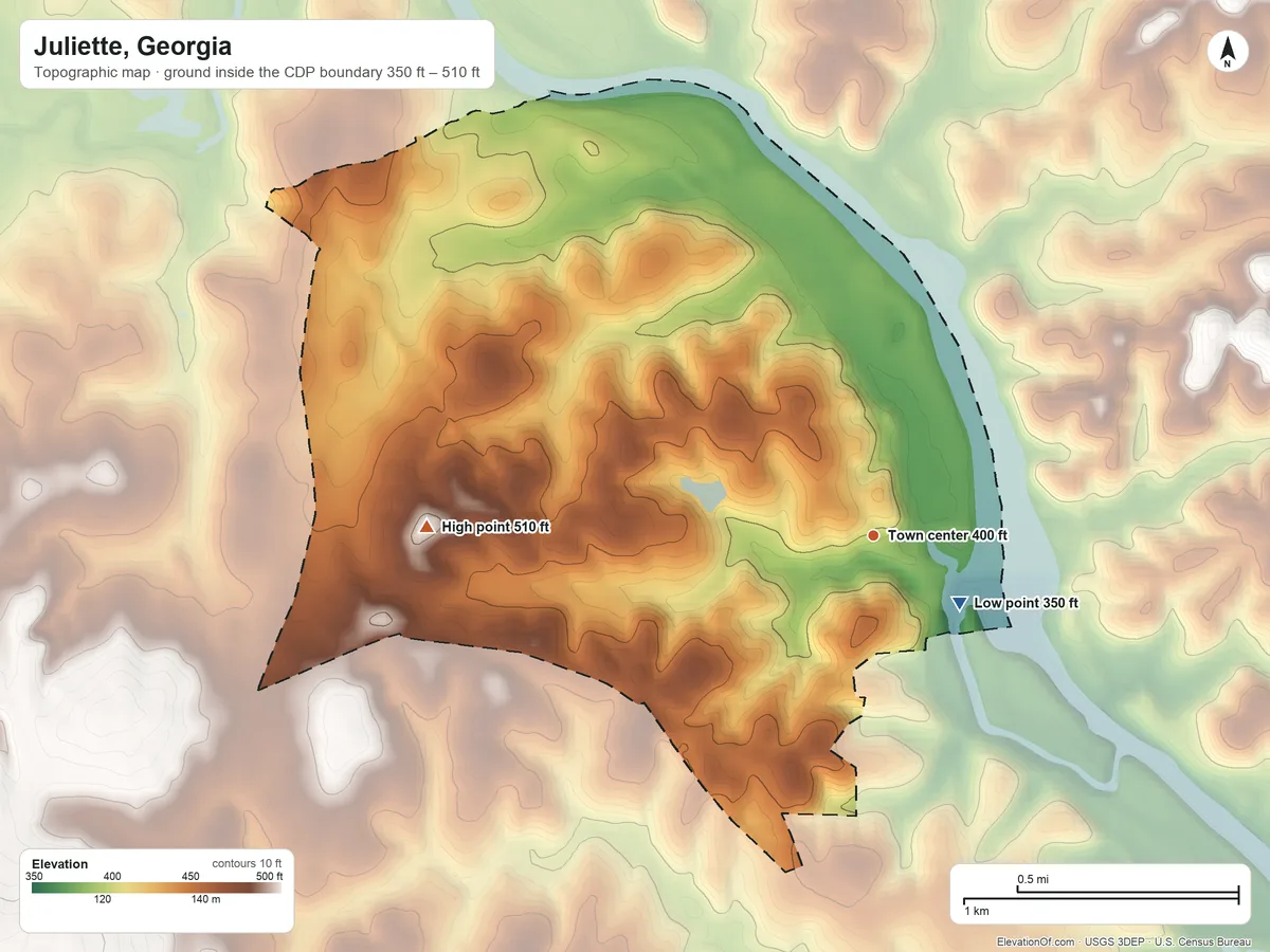 Topographic elevation map of Juliette, Georgia, shaded from 350 ft on the southeast side to 510 ft on the west side