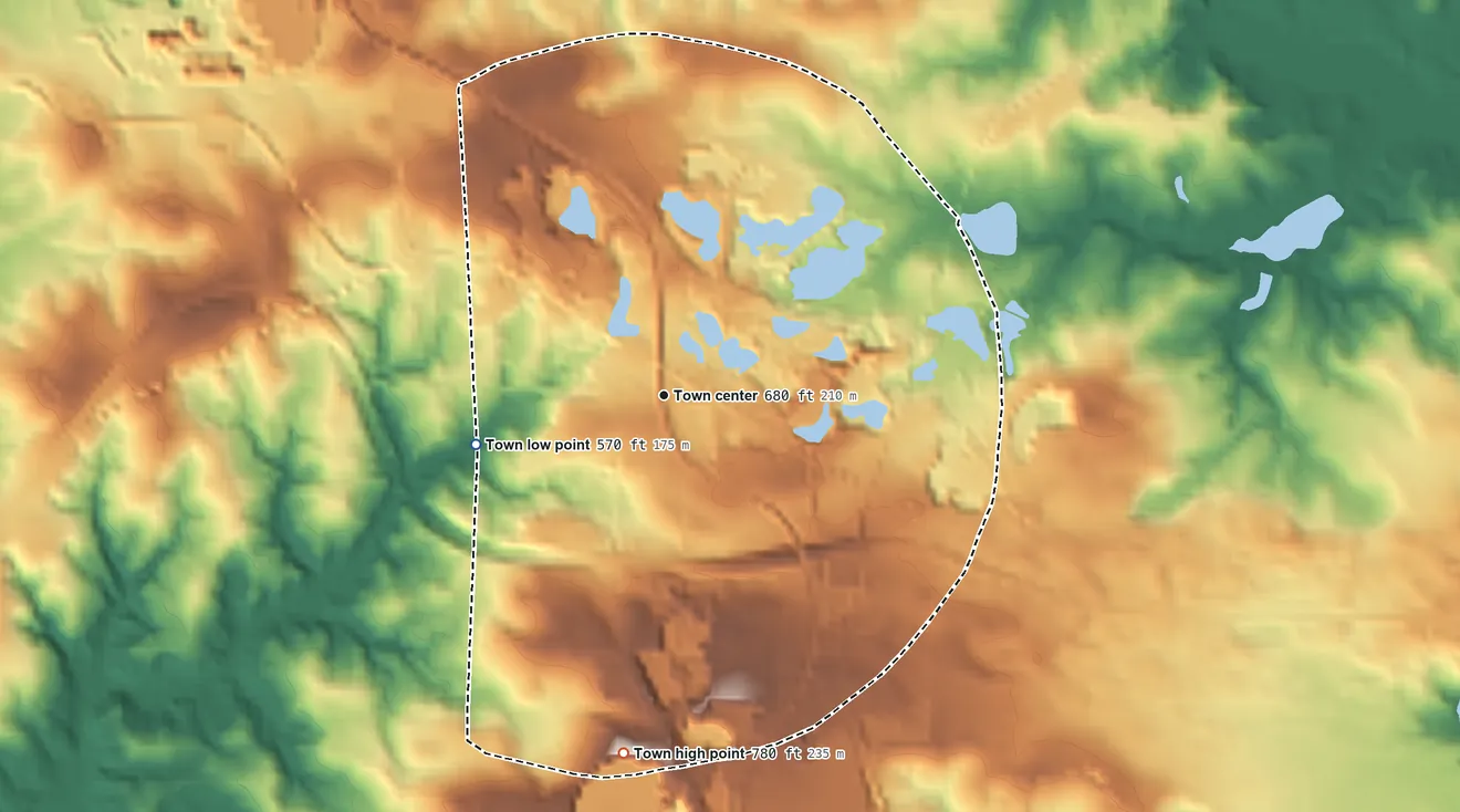Topographic elevation map of Junction City, Georgia, shaded from 570 ft on the west side to 780 ft on the south side
