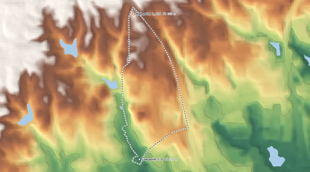 Topographic elevation map of Kennesaw State University, Georgia, shaded from 970 ft on the south side to 1,120 ft on the north side