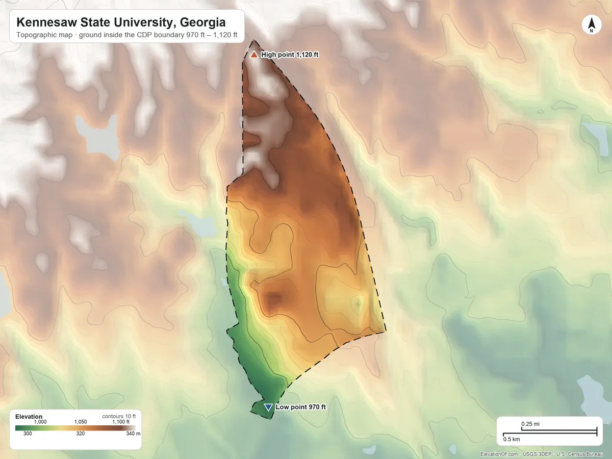 Topographic elevation map of Kennesaw State University, Georgia, shaded from 970 ft on the south side to 1,120 ft on the north side