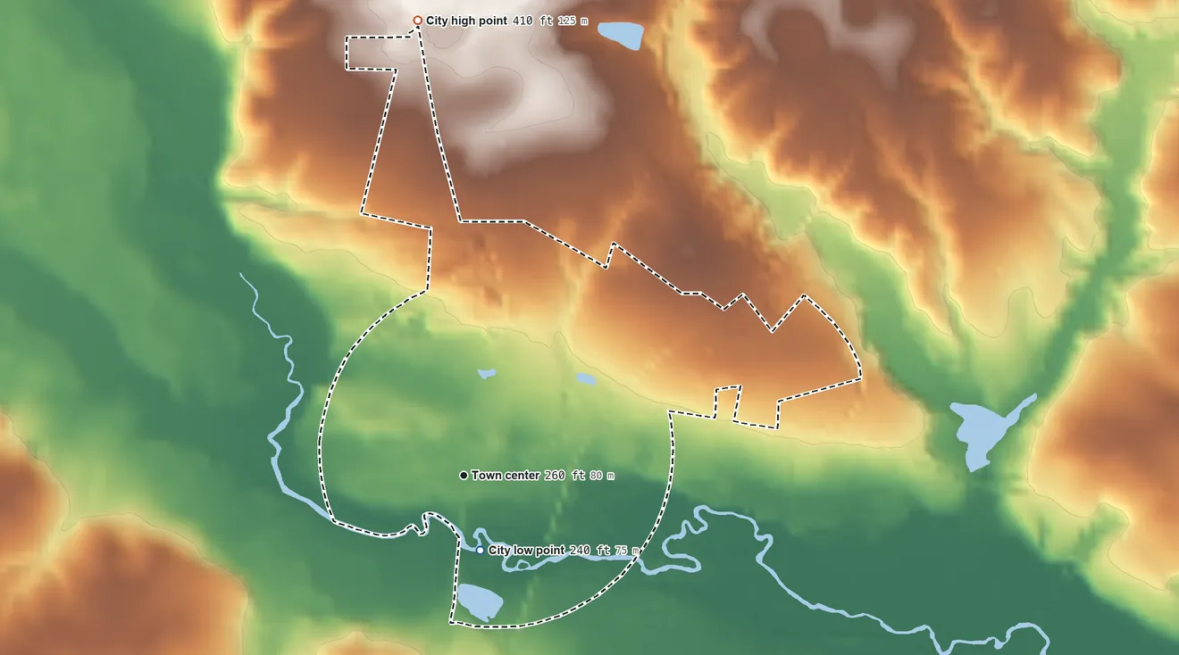 Topographic elevation map of Keysville, Georgia, shaded from 240 ft near the middle to 410 ft on the north side