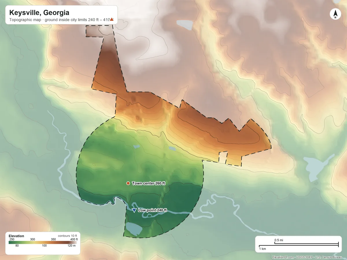 Topographic elevation map of Keysville, Georgia, shaded from 240 ft near the middle to 410 ft on the north side